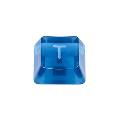 Close-up of a single translucent blue keyboard key with the letter T