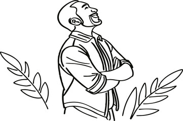 Joyful Man With Arms Crossed Looking Up In Delightful Line Art Design