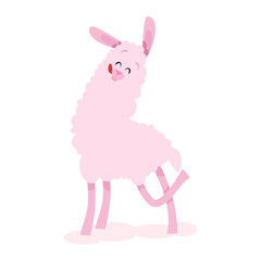 Funny cute llama with pink fur and tongue sticking out