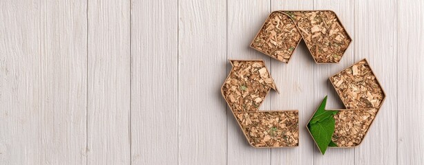 Zero waste eco-friendly zero emission. A recycle symbol made from wood shavings and a green leaf on a light wooden background, symbolizing eco-friendly practices.