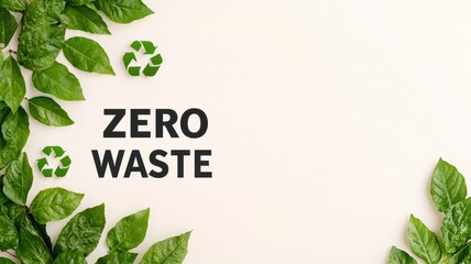 Zero waste eco-friendly zero emission. A clean layout with green leaves, recycle symbols, and the words "Zero Waste" promoting an eco-friendly message on a light background.