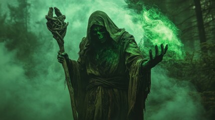 Obraz premium Mysterious hooded figure conjuring green energy in forest