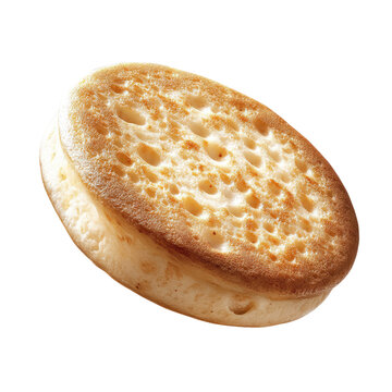 Single Crumpet In Free Fall  isolated on a transparent background