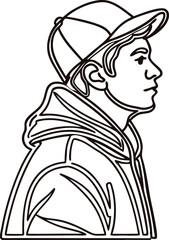 Continuous Line Drawing Of Young Man Wearing Cap And Hoodie Minimalist Art