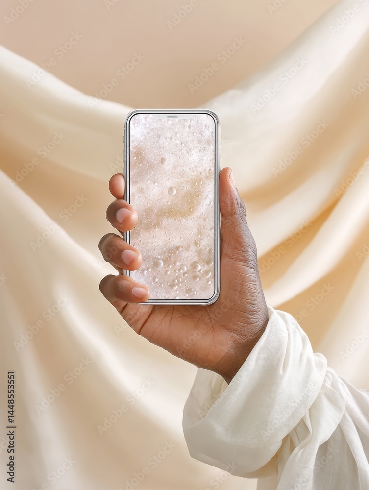 Aufkleber Minimalist Tech Lifestyle Sleek Smartphone Displaying Soft Meteorological Interface with Elegant Textile Backdrop - Next-Gen Weather Visualization for Digital Natives