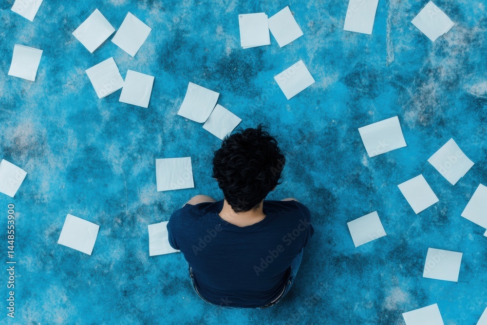 Aufkleber Digital Overwhelm Visualized Millennial Cognitive Burnout in Hyper-Connected Workspace - Navigating Information Overload through Mindful Productivity Solutions