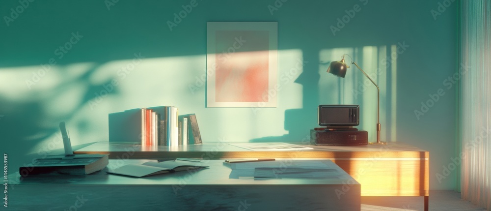 Poster minimalist home office sanctuary soft teal workspace with golden light, ergonomic design and calming