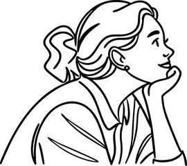 Contemplative Woman Hand Drawn Line Art Illustration Minimalist Style Portrait