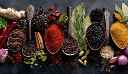 A vibrant array of spices and herbs displayed artistically on a dark surface.