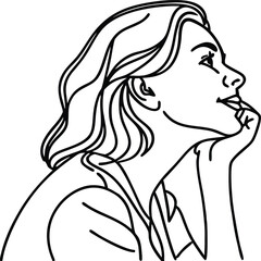 Contemplative Woman Line Art Illustration With Hand On Chin In Profile View