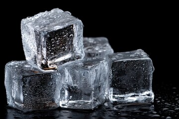 Close-up view of glistening ice cubes with condensation on a dark background