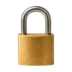 Naklejka premium Classic brass-bodied padlock with a smooth metal shackle, a timeless symbol of security and restricted access.