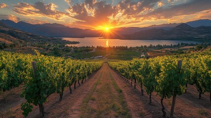 Fototapeta premium Dramatic sunset over vineyards and lake.