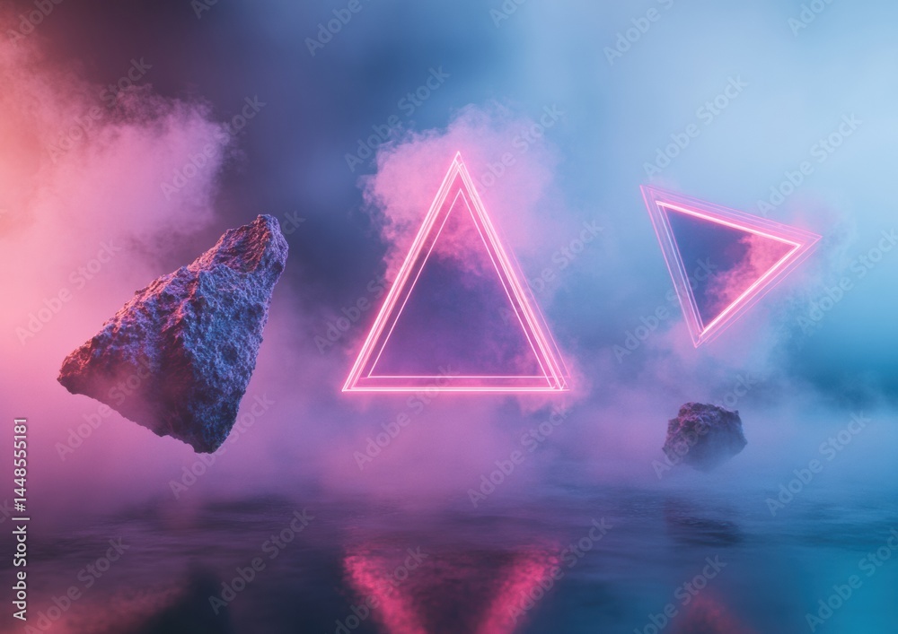 Poster Cyberpunk Digital Dreamscape Immersive Geometric Metaverse Visualization with Neon Triangular Portals and Ethereal Floating Rocks - Next-Gen Creative Technology
