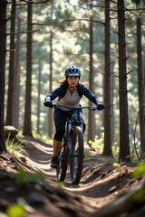 Fototapeta premium Action Shot: Asian Woman Descending Challenging Mountain Bike Trail in Forest with Safety Gear