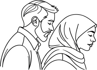 Minimalist Line Art Of Muslim Couple In Profile Modern Design Concept