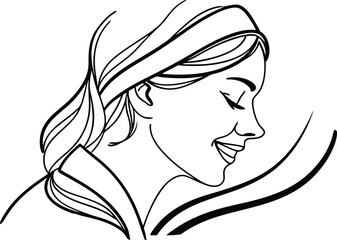 Elegant Woman Profile Illustration With Headband And Smiling Expression In Minimalist Style