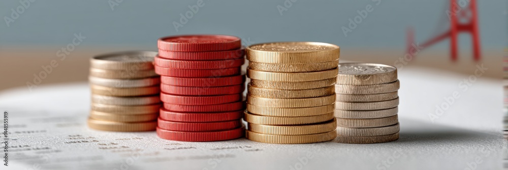 Poster Minimalist Financial Analytics Metallic Currency Stacks Visualizing Economic Precision, Treasury Management and Digital Age Investment Strategies