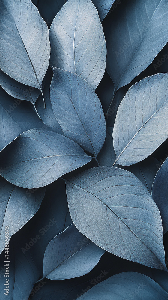 Poster Close-up of slate-blue leaves texture, overlapping to create a smooth, natural pattern, symbolizing serenity, calmness and elegance, ideal for nature or design concepts
