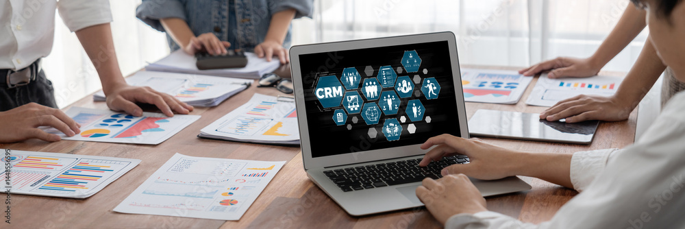 Poster Customer relationship management system on brisk computer for CRM business and enterprise