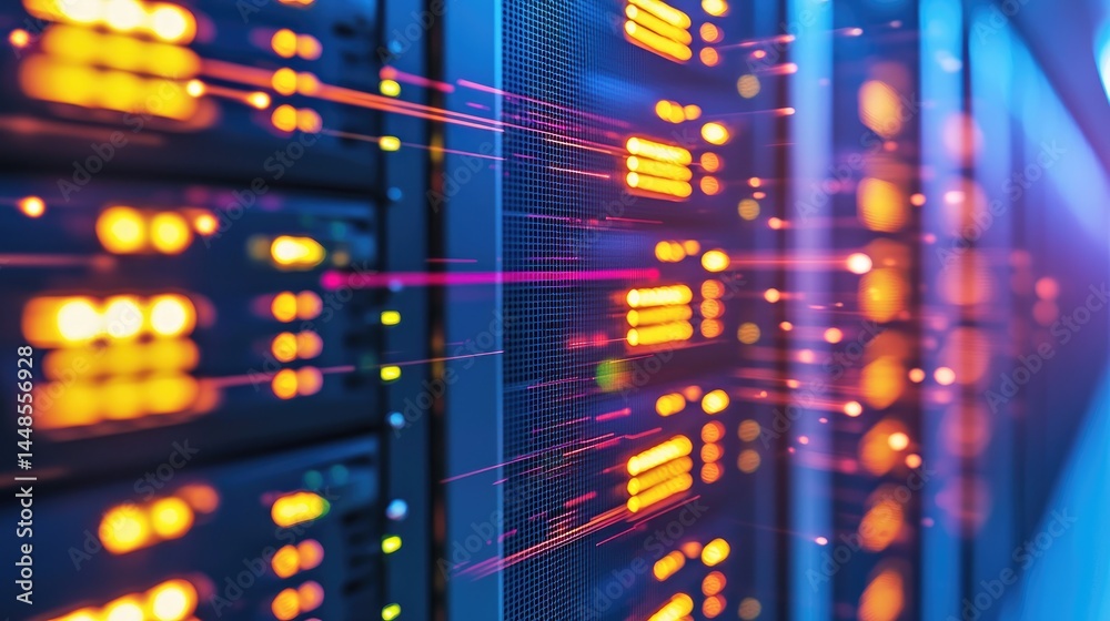 Aufkleber Abstract view of a server with motion light trails in vibrant colors, illustrating fast data transfer and digital communication technology