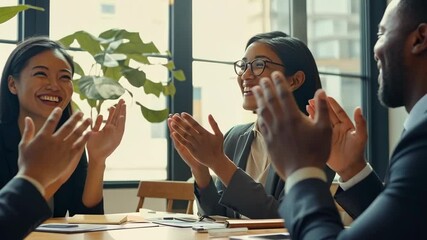 Enthusiastic business team applauding success during lively meeting