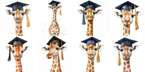 Graduating Giraffes Watercolor Illustration - Eight adorable giraffes in graduation caps, symbolizing education, achievement, wisdom, perseverance, and success. Watercolor