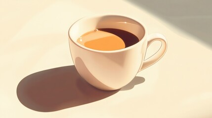 A cup of coffee in sunlight, showing creamy texture and subtle shadows.