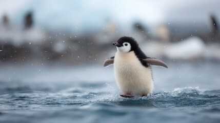 Obraz premium Cute penguin chick walks on water