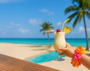 Woman’s hand holding a Piña Colada in front of the sea, with palm trees and a beach bar in the background, tropical bracelet on wrist