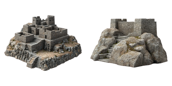 Stone castles and fortresses on rocky bases isolated on transparent PNG perfect for medieval storytelling or fantasy worldbuilding