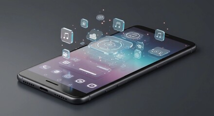Futuristic smartphone displaying holographic user interface  