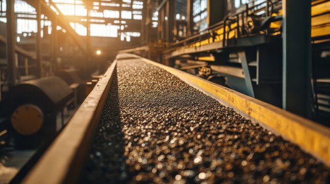A stunning image of industrial processing of rare earth elements. Precious metals extracted from ore. Material on conveyor belt. Mining industry. Extraction process. Sustainable.