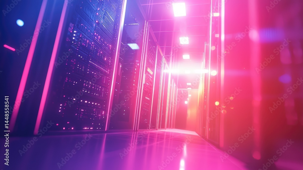 Poster Server racks with glowing panels in an illuminated corridor, showcasing futuristic data center technology and advanced IT infrastructure systems