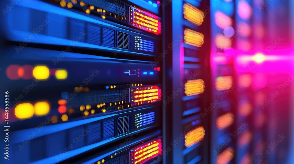 Poster colorful server leds indicating system activity in a glowing network rack, ideal for futuristic it i