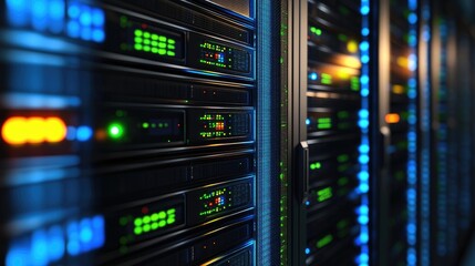 Naklejka premium Sharp focus on server rack LEDs in cool tones, representing cloud computing, digital storage, and reliable network performance in IT operations