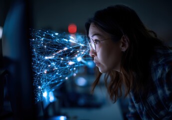 Woman with glasses engaged in futuristic technology display.