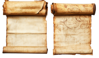 Two ancient scrolls with aged parchment. one partially unrolled revealing intricate designs. set against a neutral background. ideal for historical or educational themes