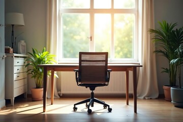 Empty chair at desk, facing window, bright room , desk, lighting, single