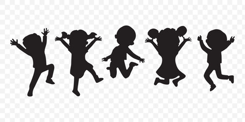 Obraz premium Black silhouette of children jumping for joy. Active kids jumping or trampolining, outline elements collection, flat vector isolated on white background. Summer entertainments and attraction. EPS 10.