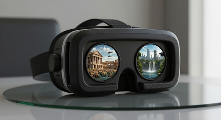 Virtual reality headset displaying colorful virtual worlds  