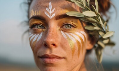 Ethereal Summer Solstice Wellness Golden Festival Face Art with Botanical Olive Leaf Crown - Mindful Celebration of Natural Beauty and Cultural Heritage