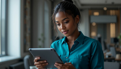 Fototapeta premium Digital Focus: A poised individual engrossed in the functionality of a tablet device, showcasing professional engagement and focused productivity.