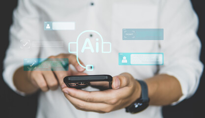 Businessman using smartphone with Artificial intelligence technology interacting via smartphone for digital transformation concept.