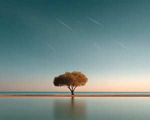 Serene Spring Astronomy Meditation Solitary Tree Reflects Cosmic Tranquility for Mindfulness Apps, Wellness Branding and Digital Wellness Trends