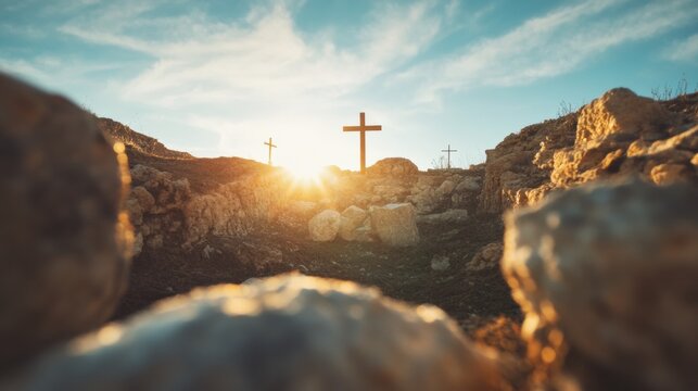 Sacred Resurrection Narratives Ethereal Orthodox Holy Saturday Landscape with Illuminated Crosses - Spiritual Heritage Meets Contemporary Mindfulness Design