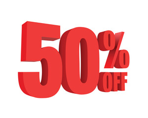 50 percent off discount text graphic in bold red 3D letters, promotional sale banner icon, marketing design element for advertising retail offers and deals