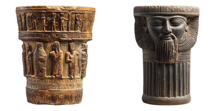 Ancient carved pillars with mythological reliefs isolated on transparent PNG perfect for historic site representation or fantasy temples