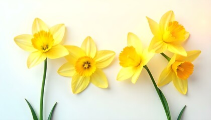 Fototapeta premium flat lay of yellow narcissus flowers on white
