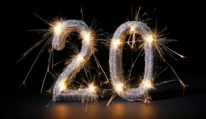 Sparkling silver number twenty illuminated by sparklers on a dark background.